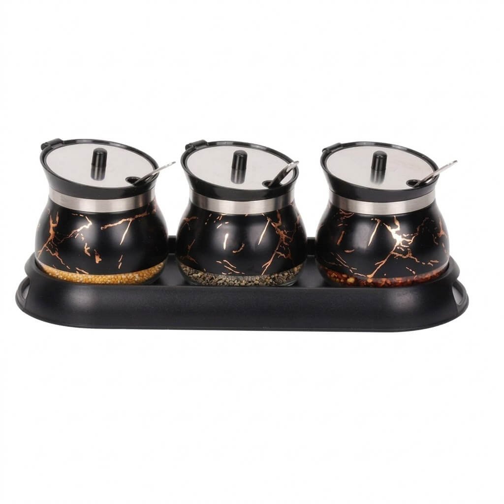 3 Piece Marble Pattern Condiment Set with Spoon and Stand