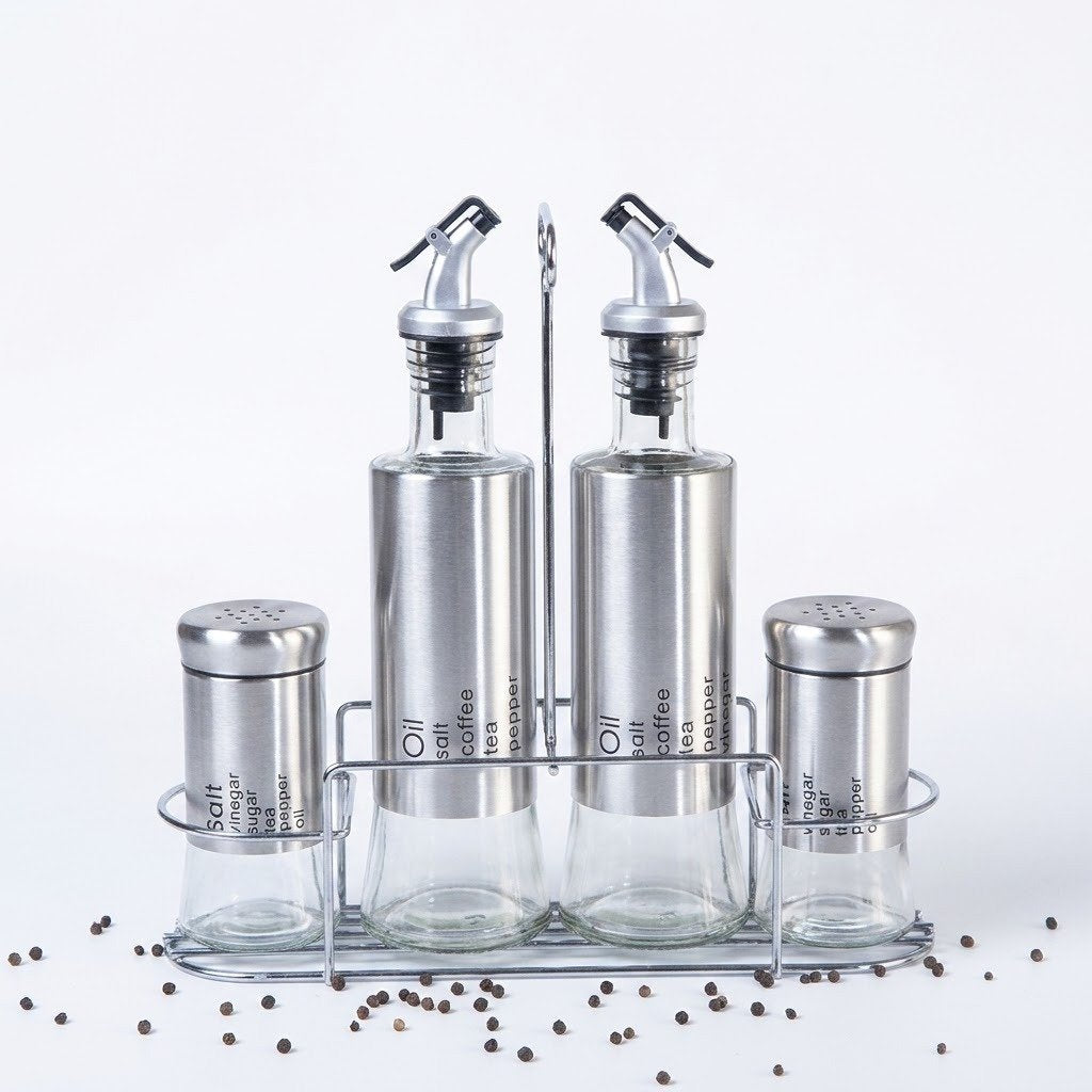5 Piece Glass Condiment Set with Stainless Steel Stand