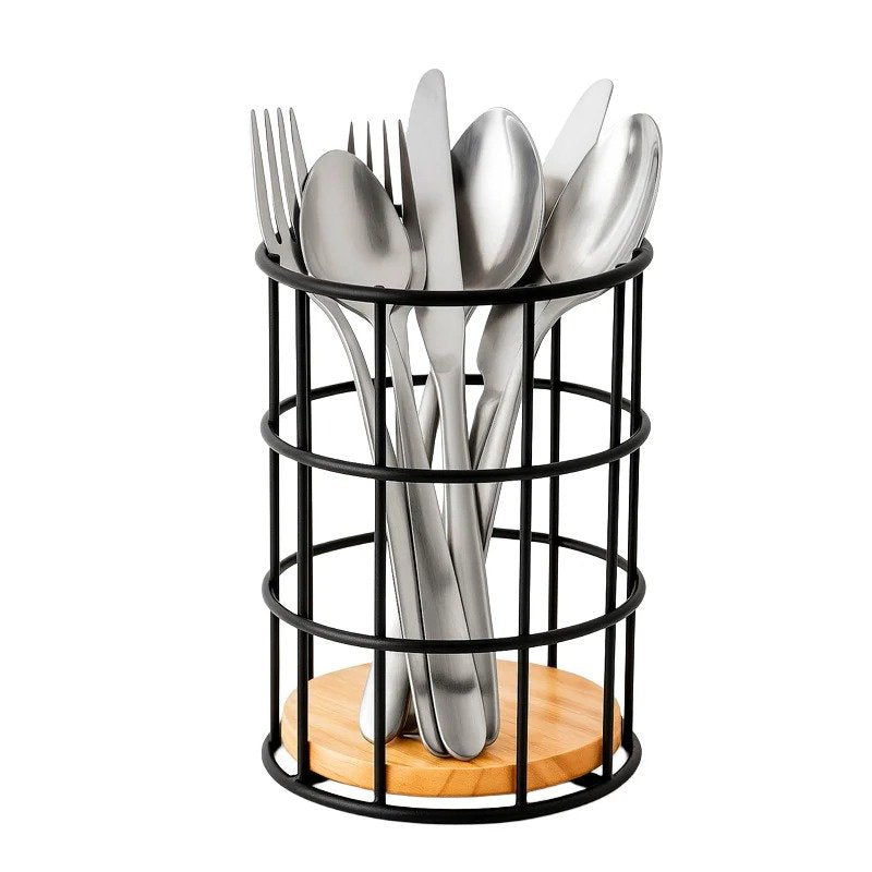 Wire Cutlery Holder with Bamboo Base