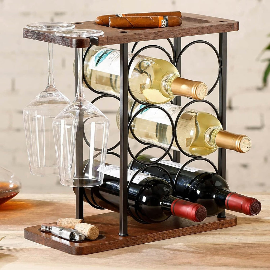 Freestanding Wood & Iron Wine Rack – Bottle Storage Display Stand