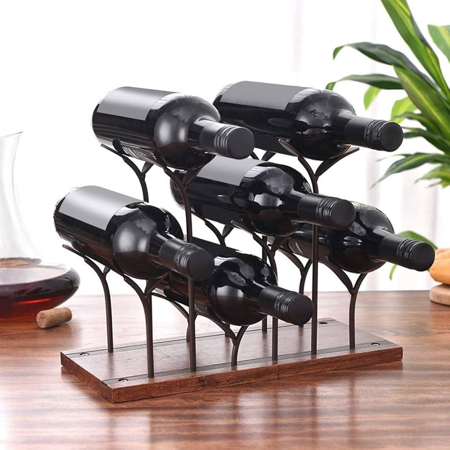 6-Bottle Countertop Wine Rack – Wood & Metal Freestanding Stand