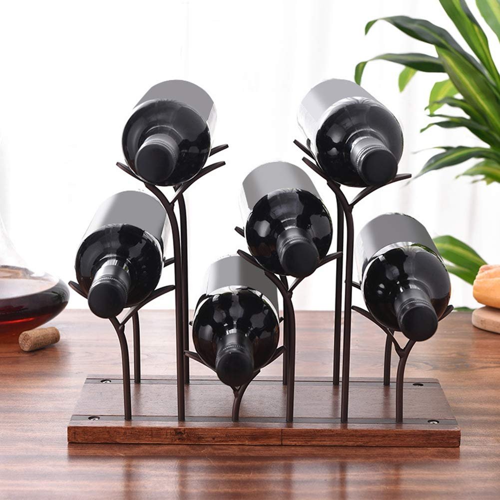 6-Bottle Countertop Wine Rack – Wood & Metal Freestanding Stand