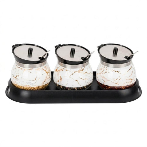 3 Piece Marble Pattern Condiment Set with Spoon and Stand