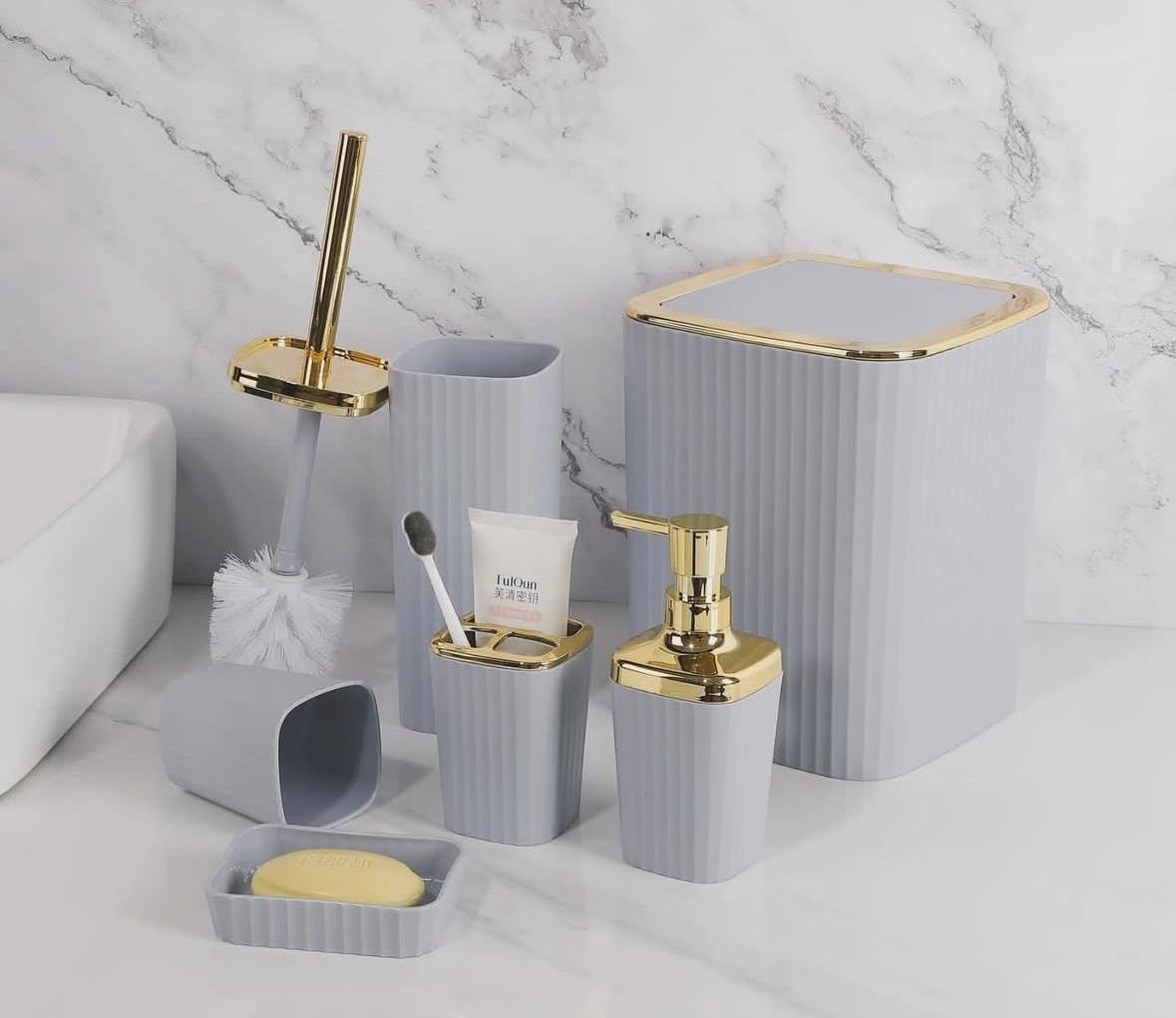6 Piece Bathroom Accessories Set with Gold Accents