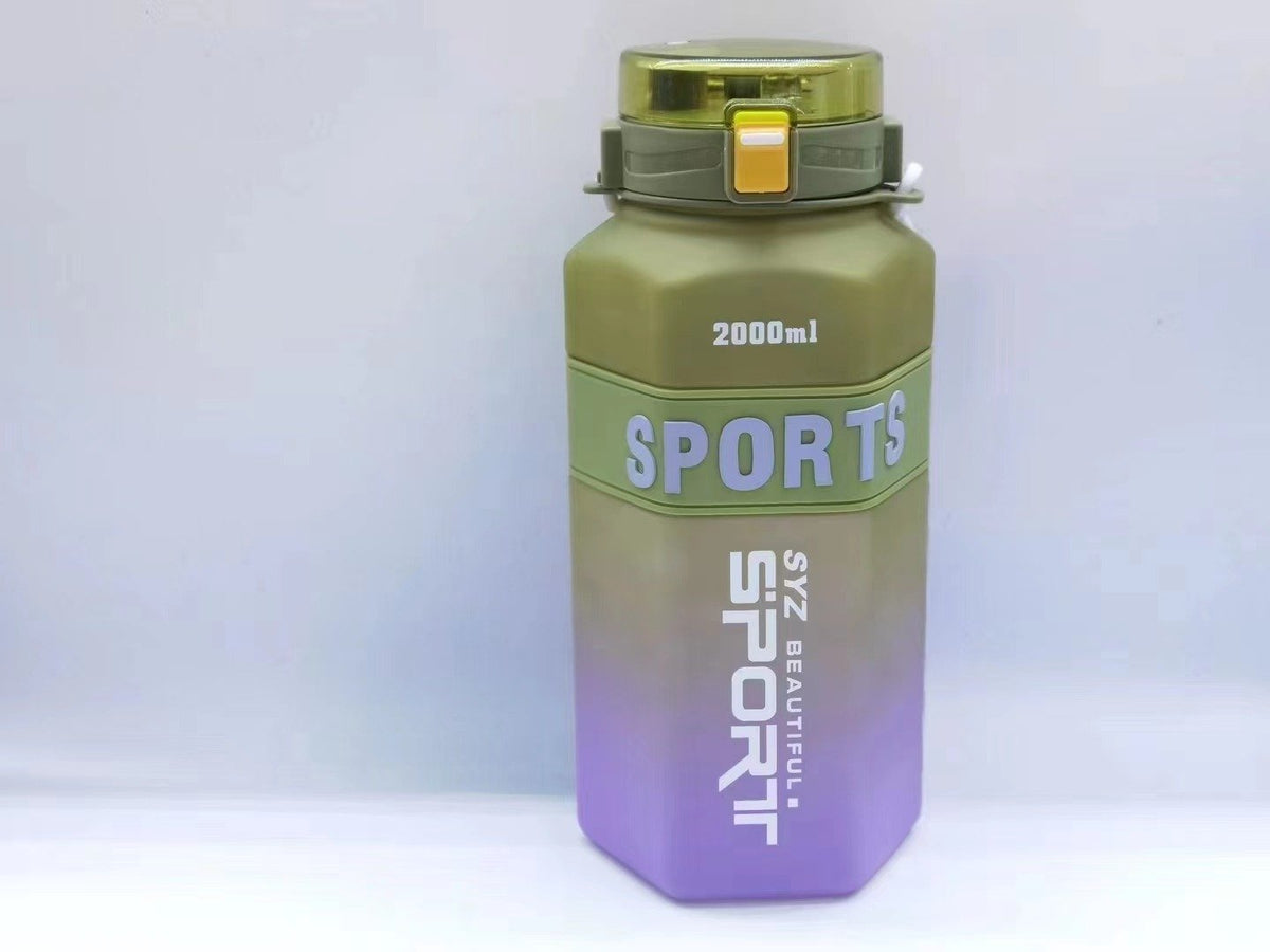 Gradient Water Bottle – 2000ml Portable with Handle, Flip-Top Lid & Straw