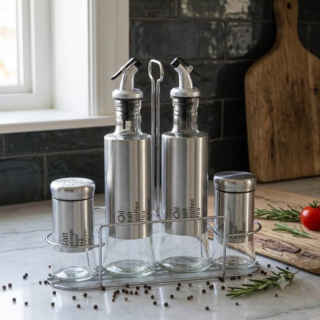 5 Piece Glass Condiment Set with Stainless Steel Stand