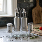 5 Piece Glass Condiment Set with Stainless Steel Stand