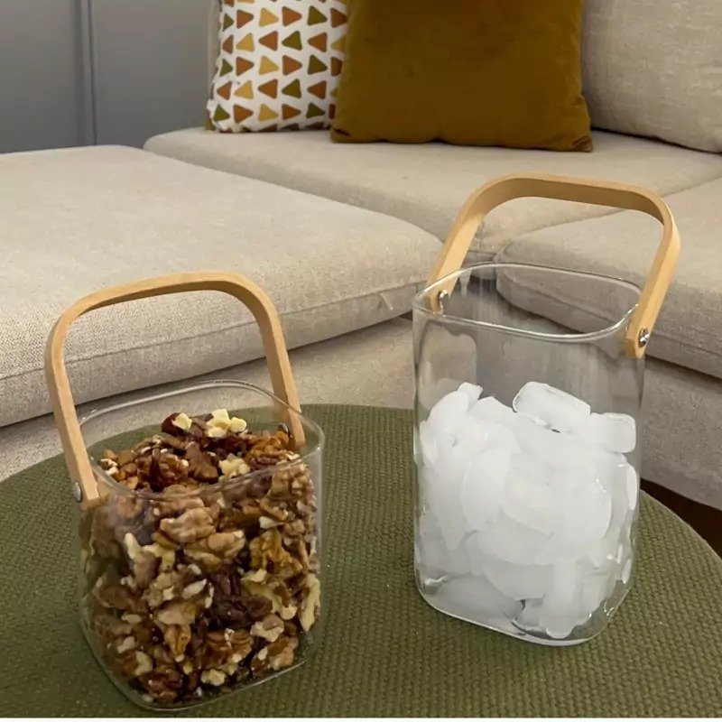 Glass Ice Bucket with Wooden Handle – Crystal Clear Drink Chiller