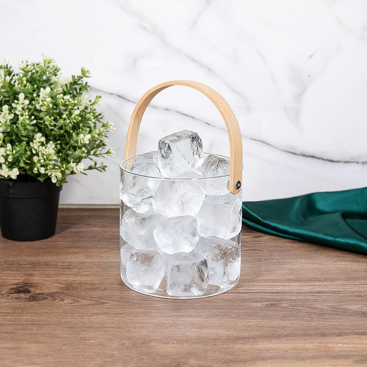 Glass Ice Bucket with Wooden Handle – Crystal Clear Drink Chiller