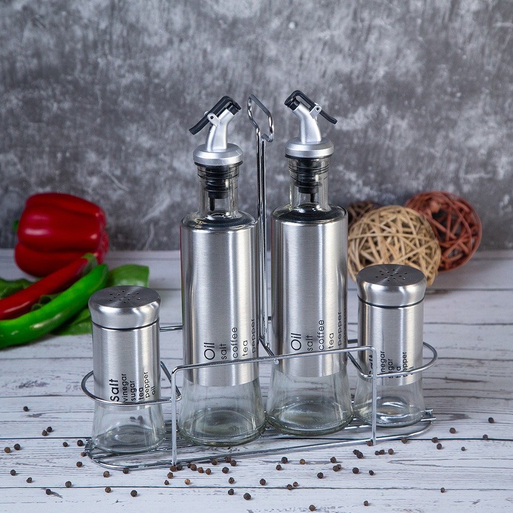 5 Piece Glass Condiment Set with Stainless Steel Stand