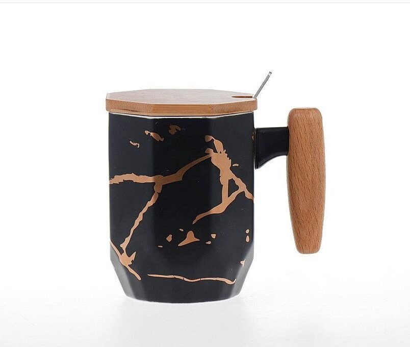 Marble Ceramic Coffee Mug with Bamboo Lid