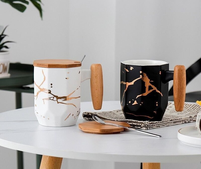 Marble Ceramic Coffee Mug with Bamboo Lid