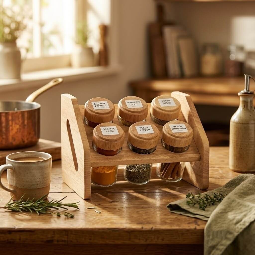 Wooden Spice Rack with 6 Glass Jars