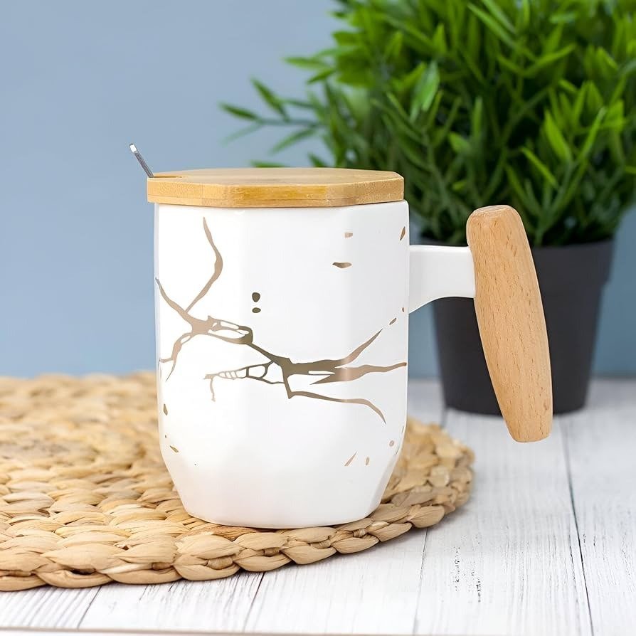Marble Ceramic Coffee Mug with Bamboo Lid