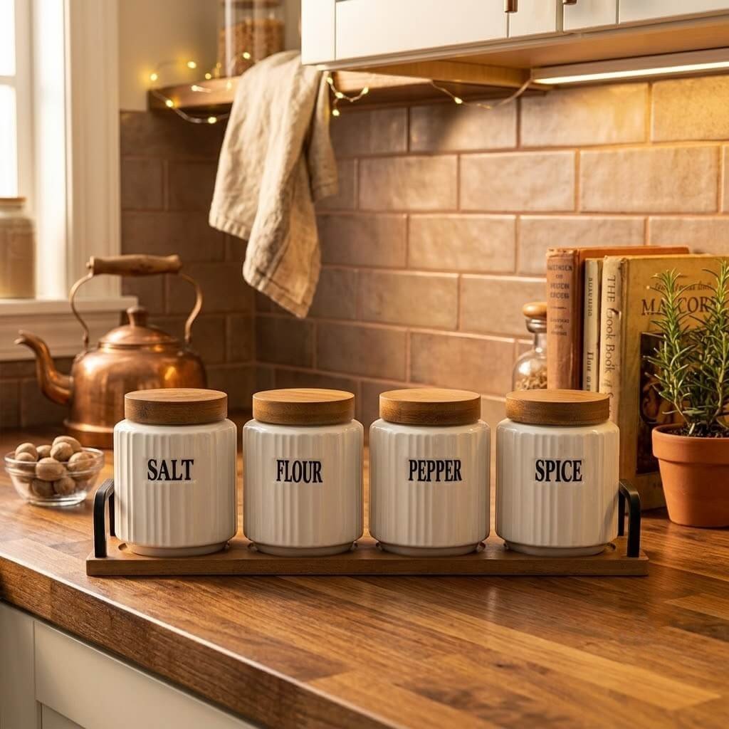 Ribbed Ceramic Canister Set for Salt Flour Pepper & Spice