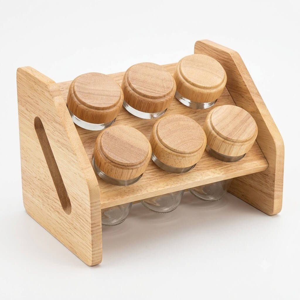 Wooden Spice Rack with 6 Glass Jars
