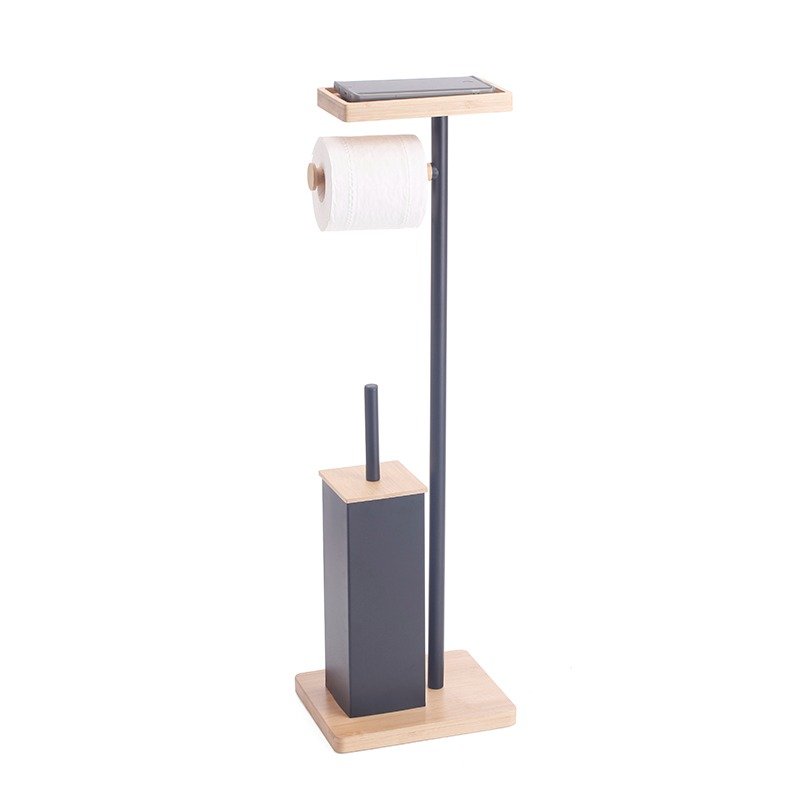 Toilet Paper & Brush Holder – Metal Frame with Wooden Accents