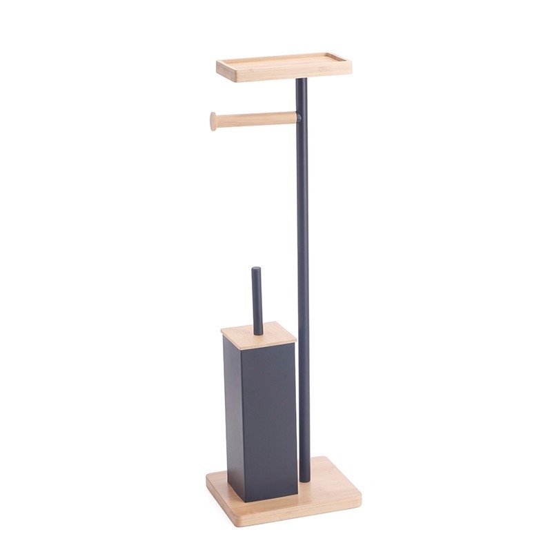 Toilet Paper & Brush Holder – Metal Frame with Wooden Accents