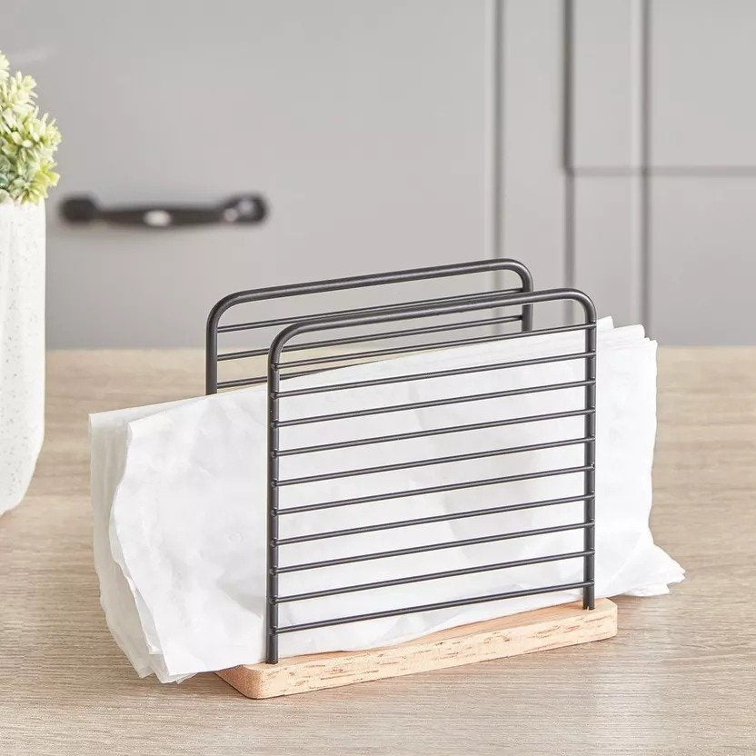Modern Minimalistic Napkin Holder – Wooden Base & Wire Frame