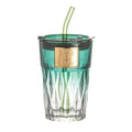 Diamond Pattern Glass Cup – Elegant Drinkware with Straw