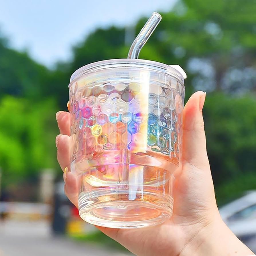 Rainbow Shimmer Glass Tumbler with Straw