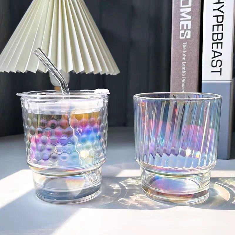 Rainbow Shimmer Glass Tumbler with Straw