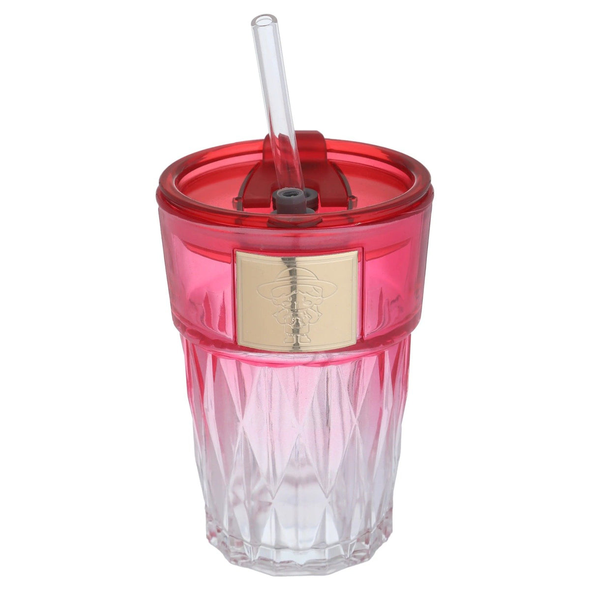 Diamond Pattern Glass Cup – Elegant Drinkware with Straw