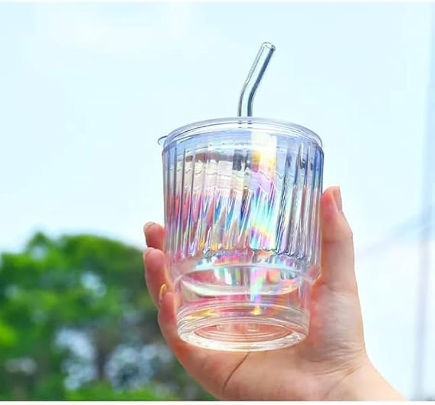 Rainbow Shimmer Glass Tumbler with Straw