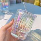 Rainbow Shimmer Glass Tumbler with Straw