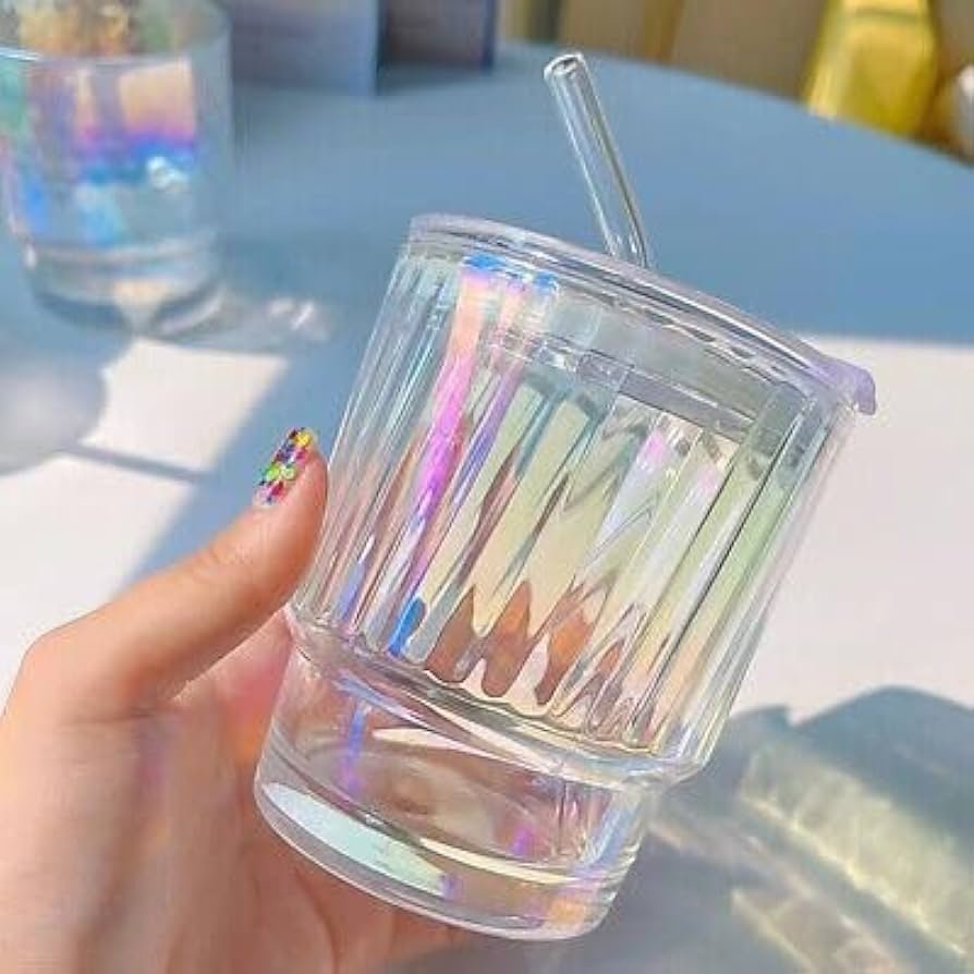 Rainbow Shimmer Glass Tumbler with Straw